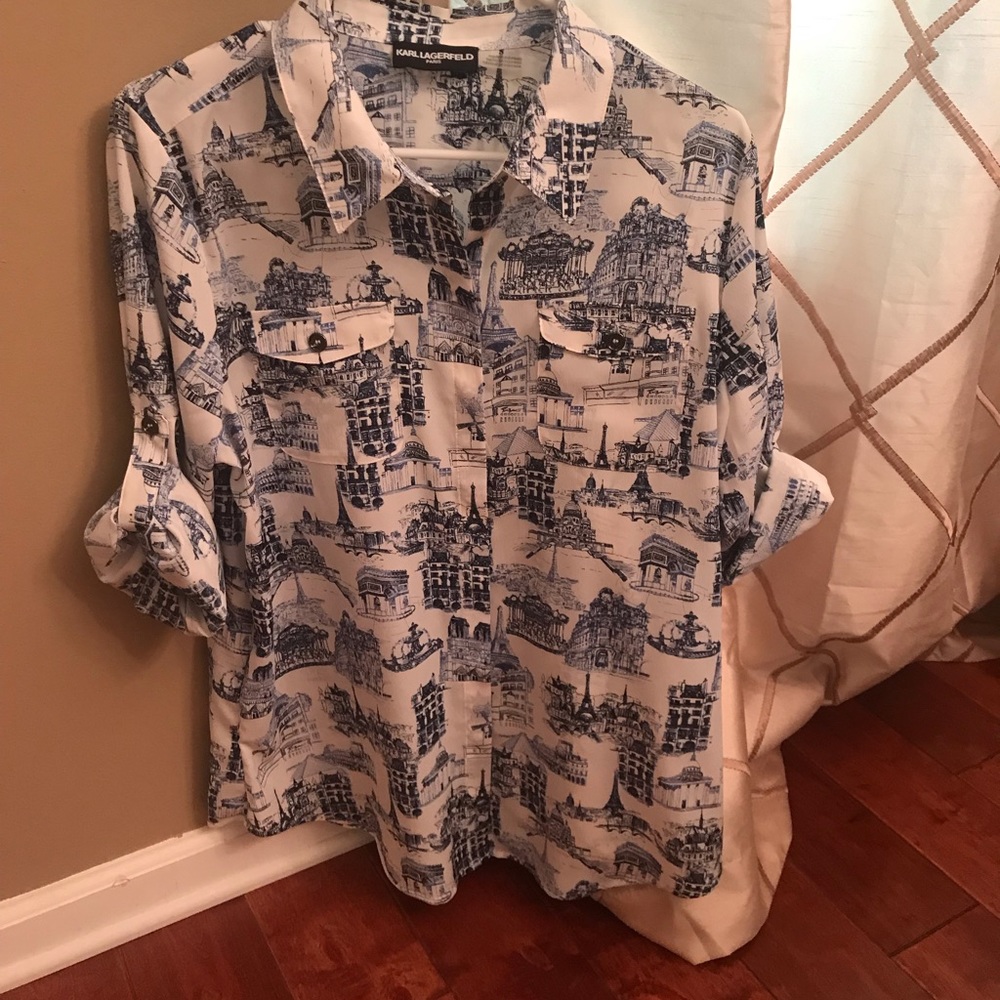 White/blue women’s blouse with Paris landscapes